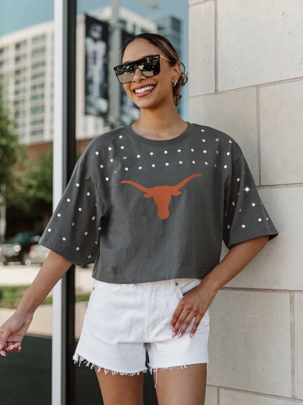 Texas Longhorns Womens’ Gray Crop tshirt with graphic and rhinestones